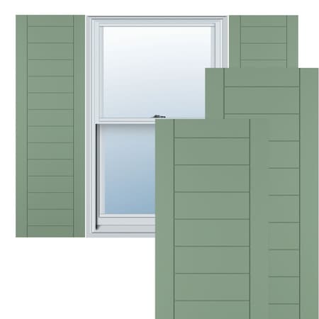 True Fit PVC Horizontal Slat Framed Modern Style Fixed Mount Shutters, Track Green, 15W X 74H